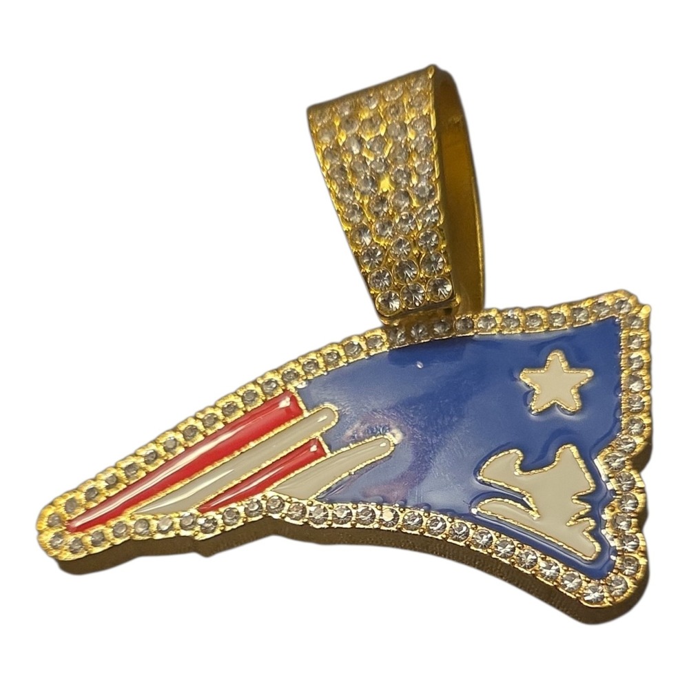 New England Patriots Iced Out Logo Pendant Gold Tone Rhinestone Enamel Football